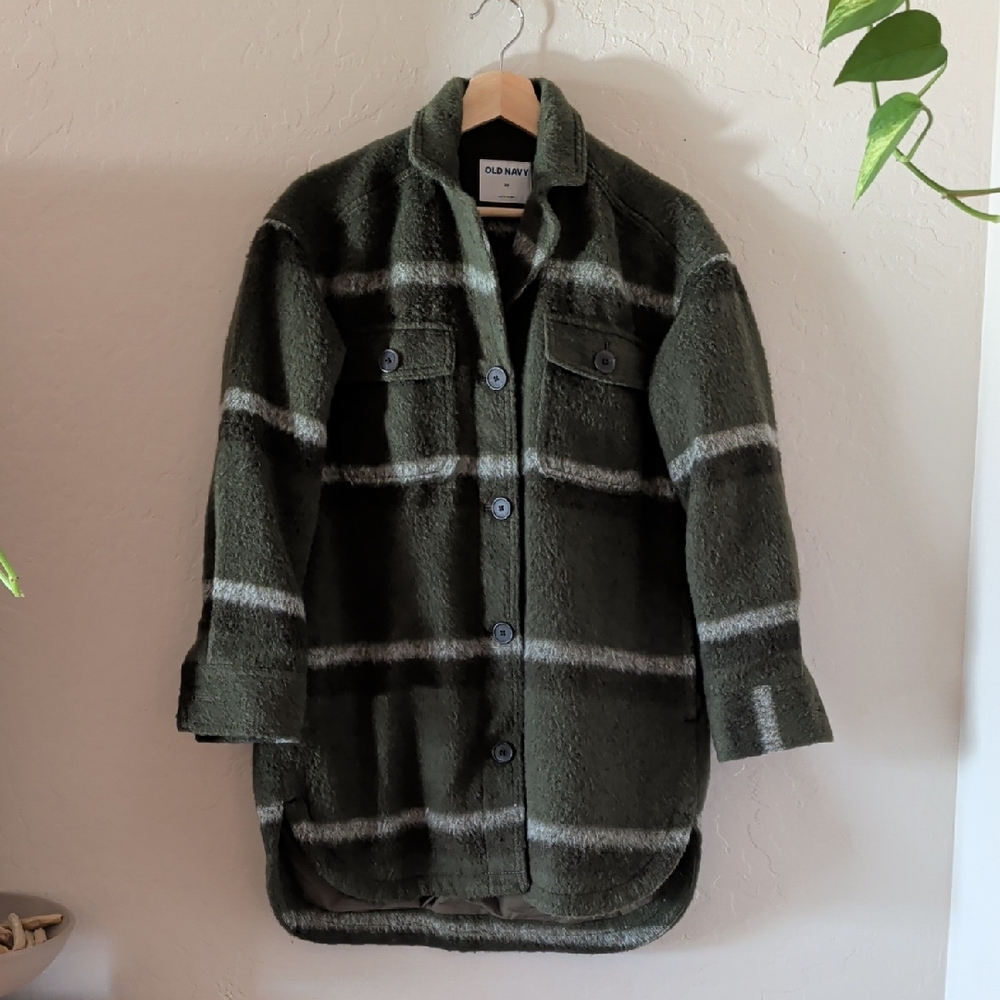 Old Navy Oversized Soft-Brushed Dark Green Striped Utility Jacket